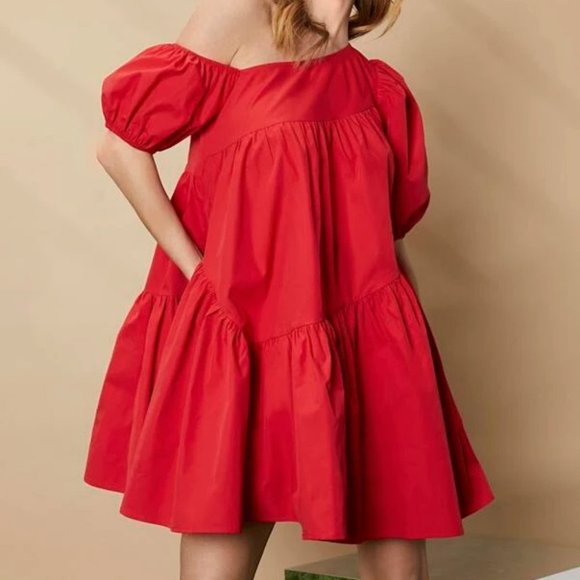 Red Puff Sleeve Ruffle Hem Asymmetrical Neck Smock Dress - Picture 3 of 8